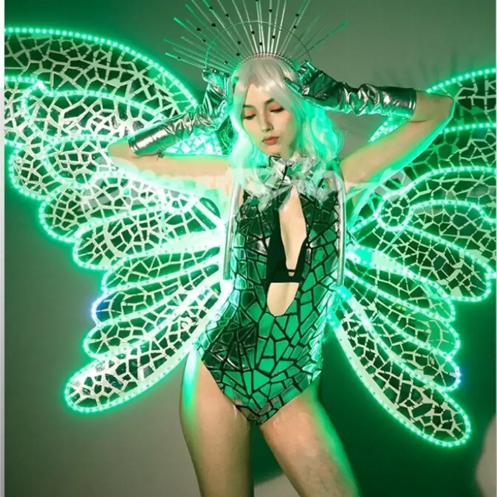 

Fashion Woman LED Mirror Suits Butterfly Wings Costumes Ladies Gogo Dance Outfit DS DJ Performance Clubwear Party Copslay