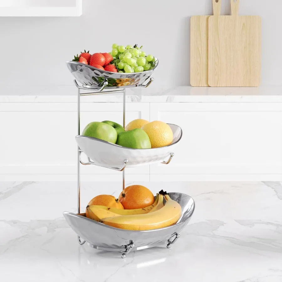 Fruit Bowl 3 Tier Ceramic Fruit Basket Serving Stand Serving Bowl with Metal Rack Porcelain Kitchen Bowls for Fruit and Vegetab