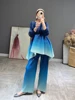 Miyake Pleated Gradient Blue Belt Sets 2022 Spring  Summer High Fashion Loose Two Piece Suits Designer Clothes 2