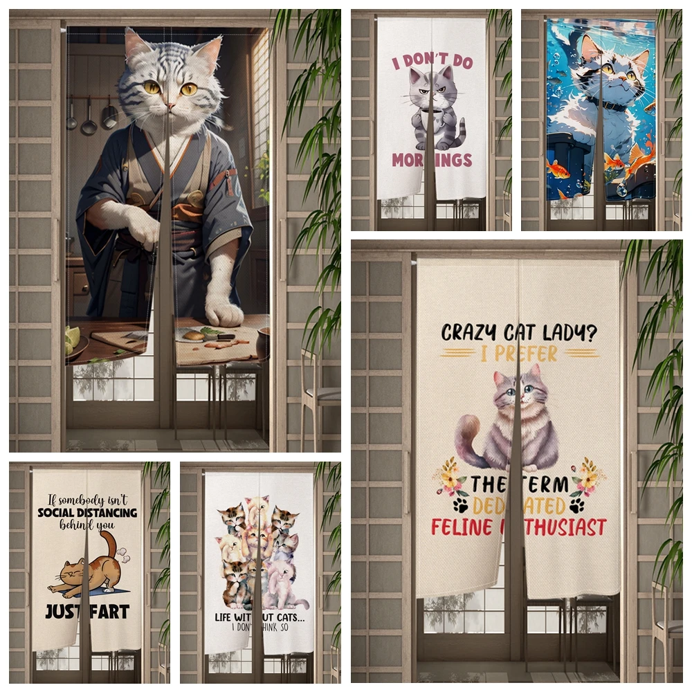 

Funny Cat Japanese Door Curtain Cute Cat Living Room Bedroom Partition Curtain Drape Kitchen Entrance Hanging Half-Curtain Decor