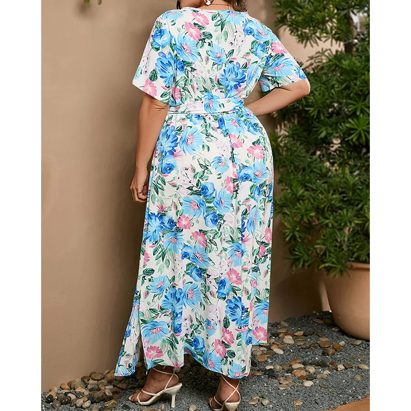 Fashion Plus Size Summer Clothes for Women V-Neck Bandage Short Sleeve Elastic Waist Geometric Pattern Print Elegant Long Dress
