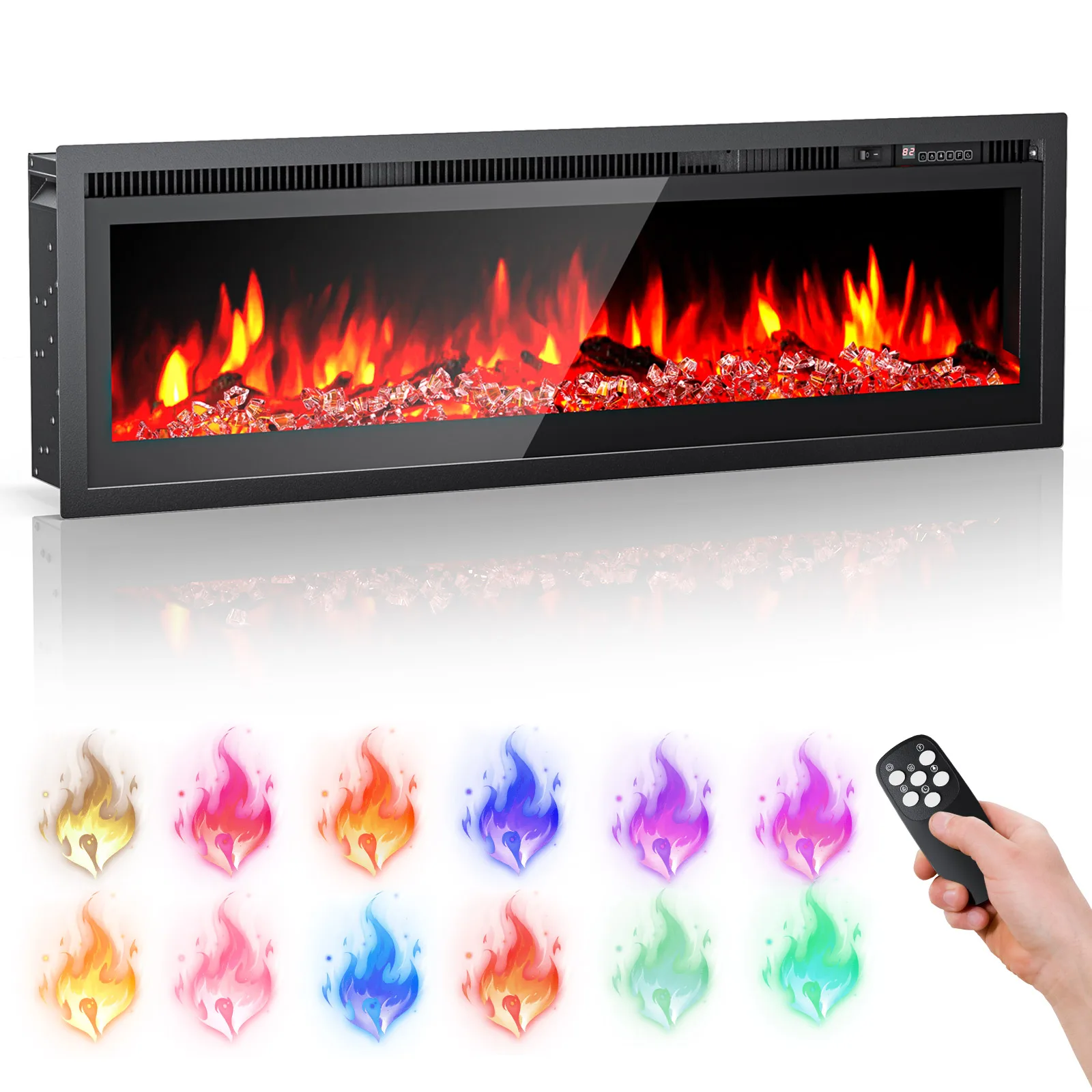 Electric Fireplace Heater Wall Mounted Recessed Fireplace 1500W 8H Timer 12 Color Flame Remote Control 50-60dB Low Noise EU Plug