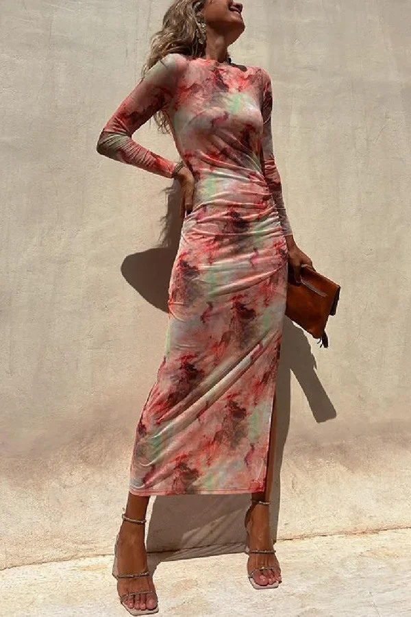 

Autumn Fashion elegant printed Gauze Dresses Women's deep round neck long Sleeve Casual High fork Gauze Dress Women
