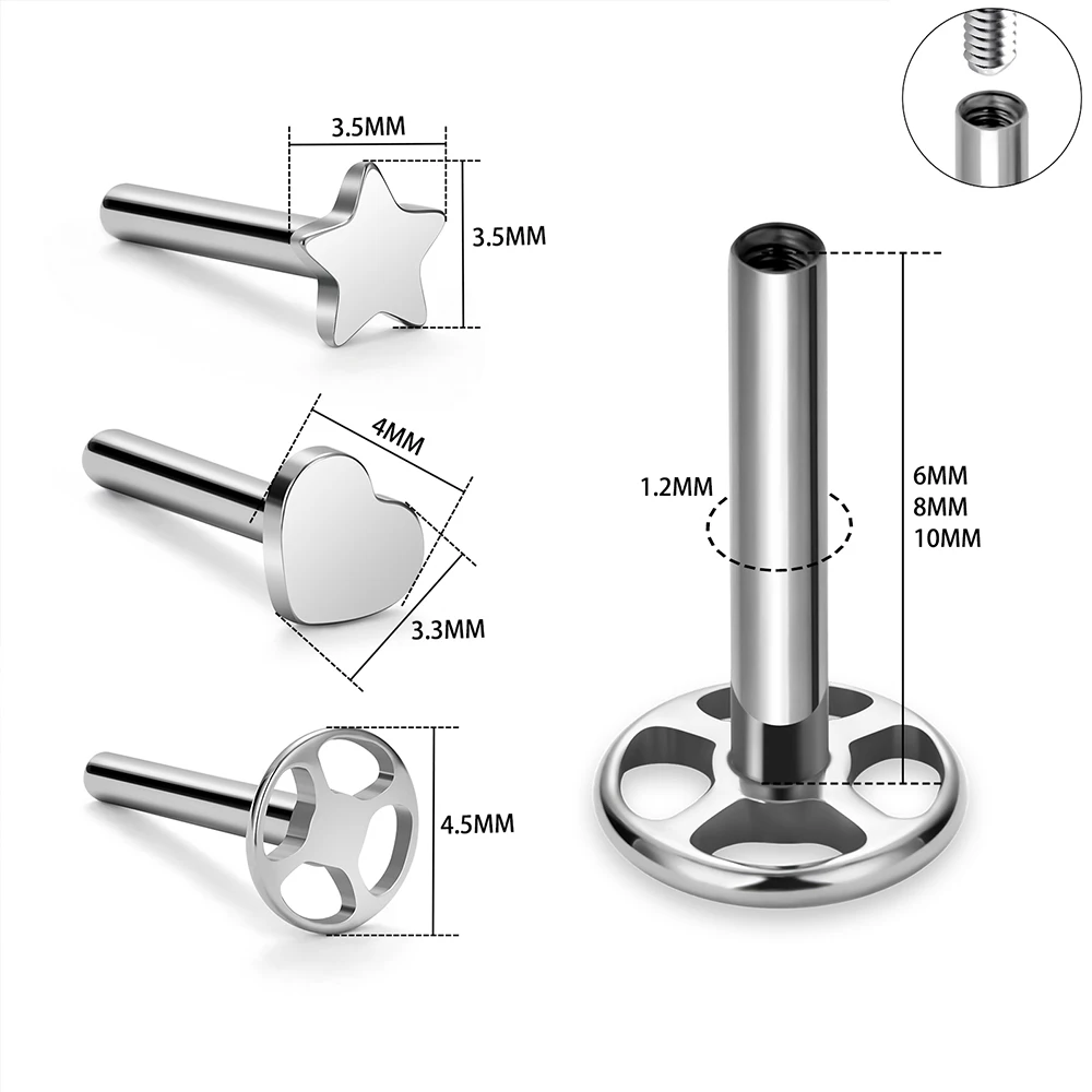 10/50개입 G23 티타늄 피어싱 스터드 귀걸이 로드 내부 나사산 베이스 스타 하트 16G 귀/입술/트라거스 바디 주얼리 액세서리