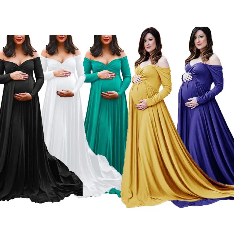 

Mercerized cotton maternity V-neck Off-the-shoulder trailing large swing dress long dress photography dress maternity clothes