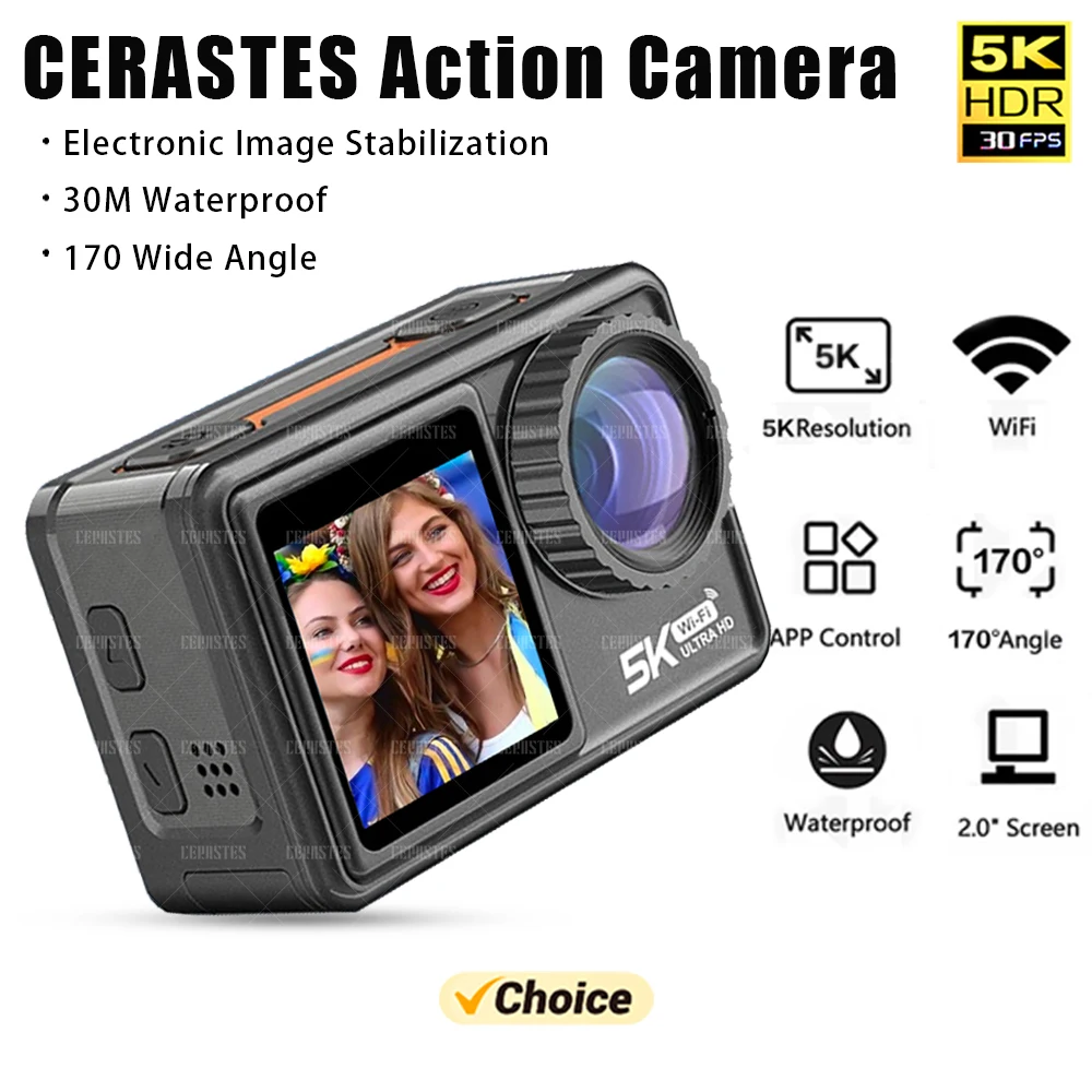 CERASTES 액션 카메라, 5K, 4K, 60FPS, EIS, 렌즈 교환 가능, 48MP 줌, 전자 스태빌라이저 카메라, 와이파이, 브이로그용 액션 카메라