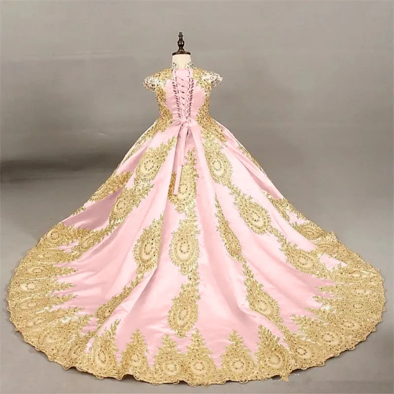 Golden Beads Flower Girl Dresses For Wedding Fashionable Pageant Gown Sleeveless lace Appliques Holy Communion Dresses for girl flower girl dresses,floral appliqu&eacute; dress