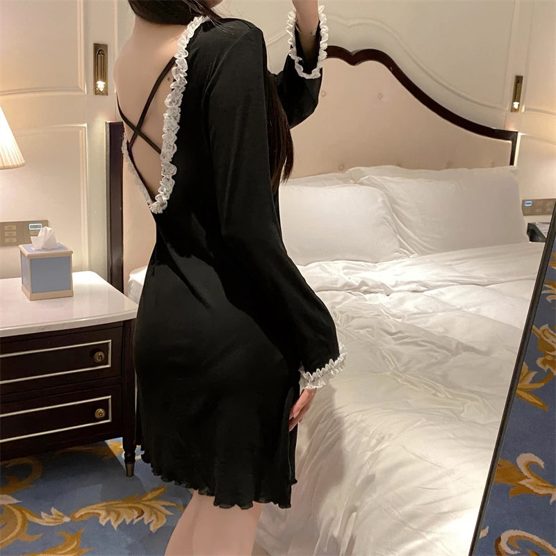 Spring and Autumn Women's Lace Dress Pajamas Loose Simple Sweet Pullover Pajamas Long Sleeve Mid-Length Home Clothes women pajamas