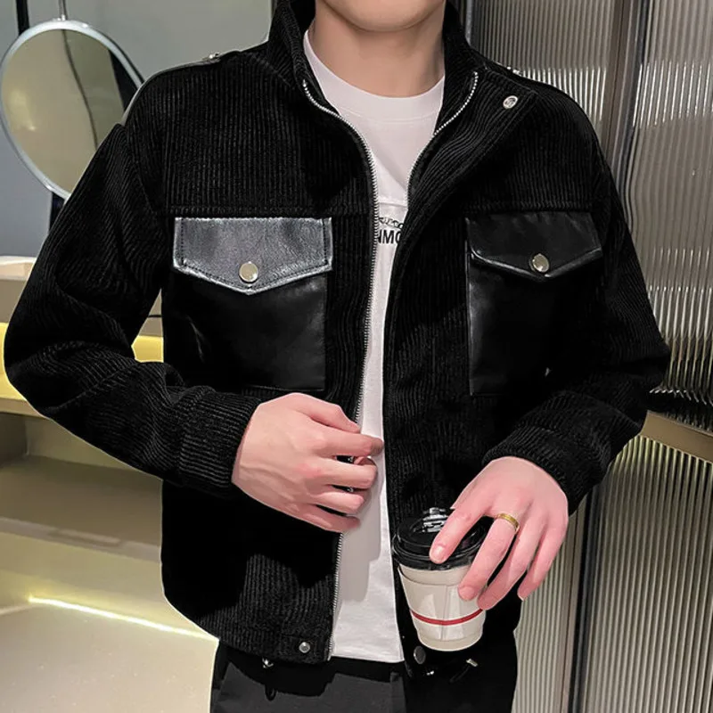 

Top Quality Stand Collar Solid Color Corduroy Splicing Pu Jacket Mens Motorcycle Jacket Slim British Trend Casual Zipper Jacket