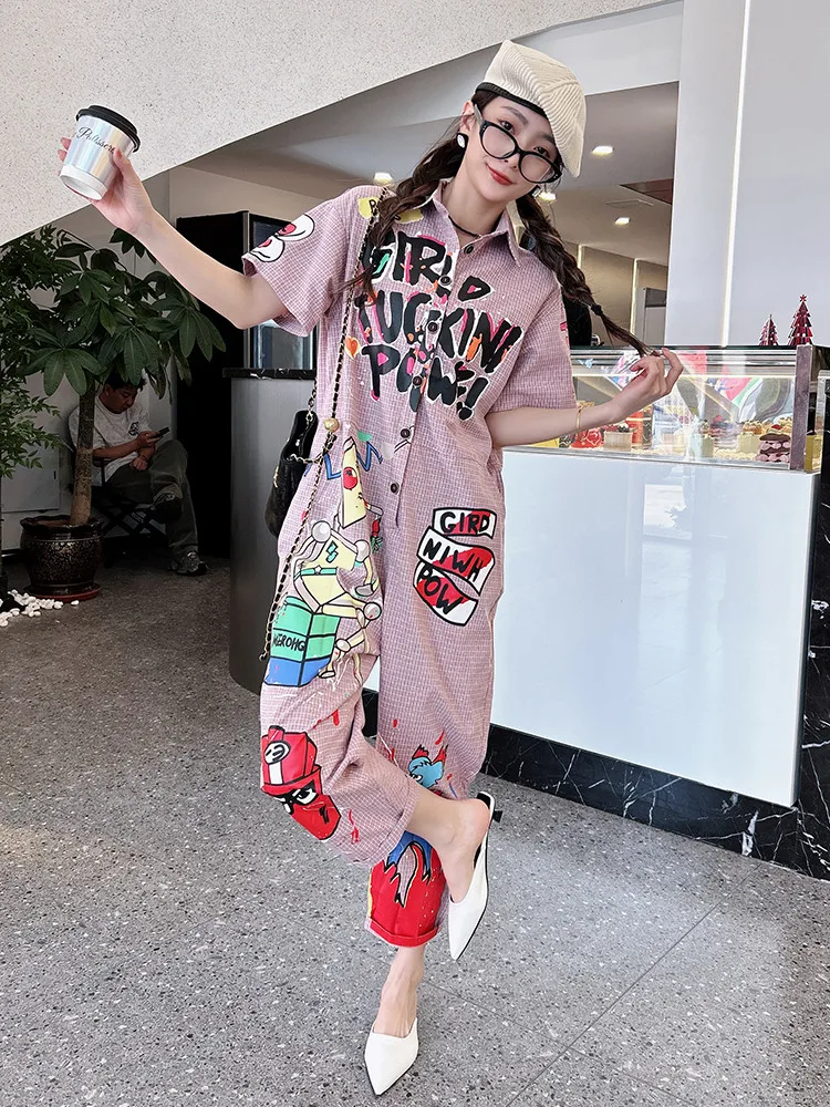 Fashion Plaid Jumpsuit Female 2024 Spring and Summer New High-Grade Loose Cartoon Letter Printed Harem Overalls for Women
