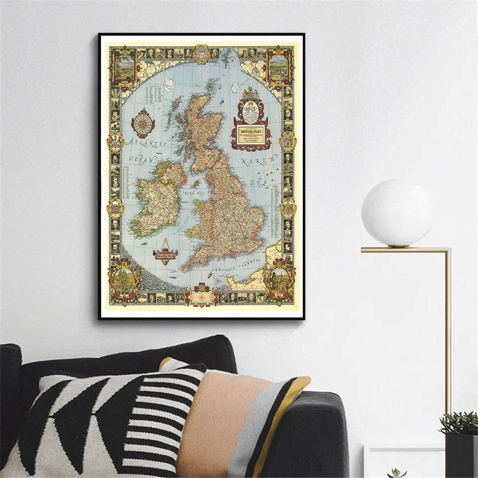 A2 Size Vintage Kingdom of Great Britain Map in 1937 Fine Canvas Painting For Living Room Home Wall Decor