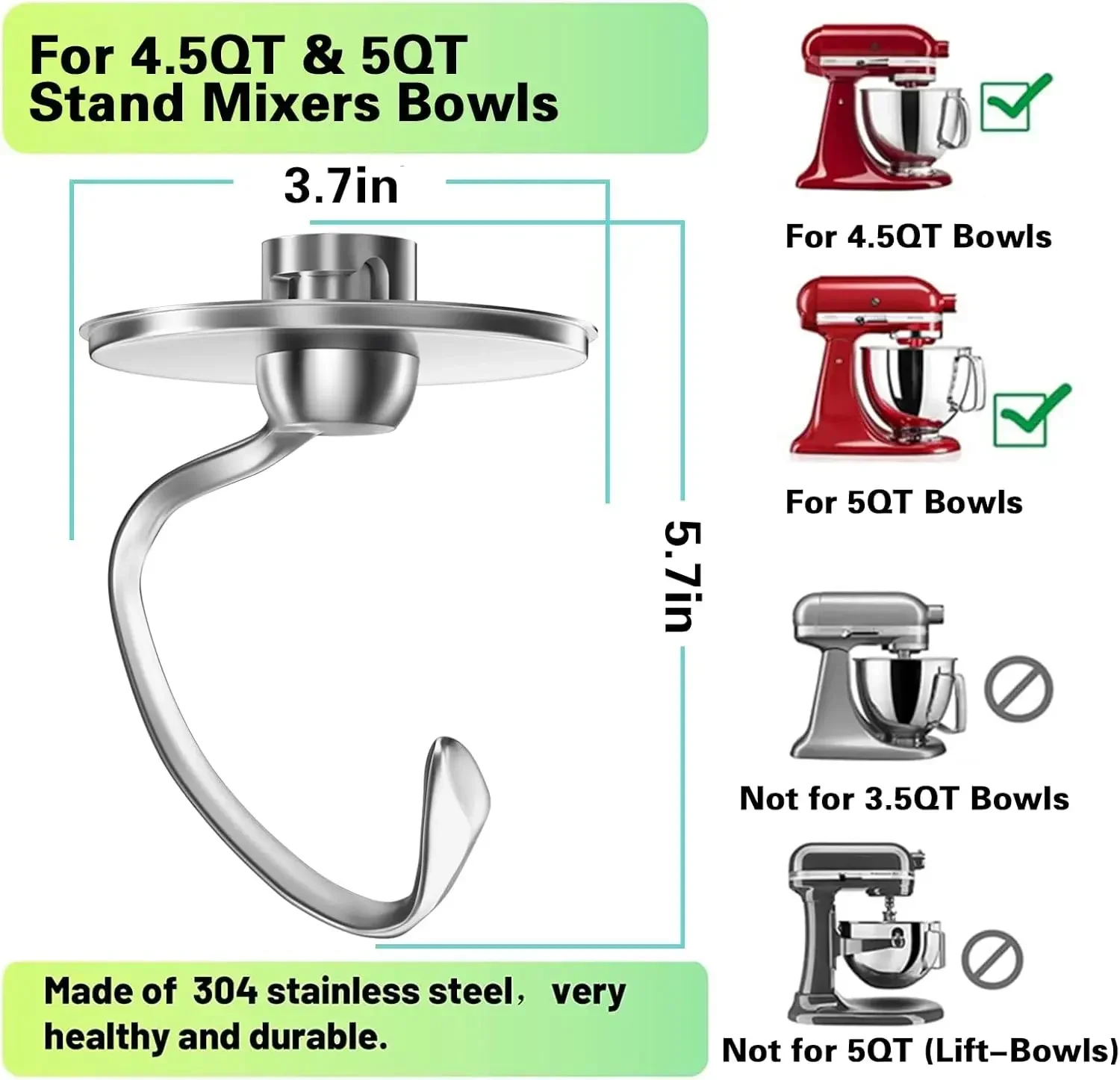 Stainless Steel Dough Hook Suitable for Kitchenaid 4.5-5QT Tilt-Head Stand Mixers Attachments Accessories Replacement Polished dough mixer mixer accessories