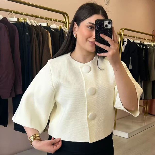 HXAO Women's Cropped Knit Cardigan Summer 2026 Elegant Off White Button O-Neck Short Sleeve Tops For Woman Resort Bolero Sweater 3