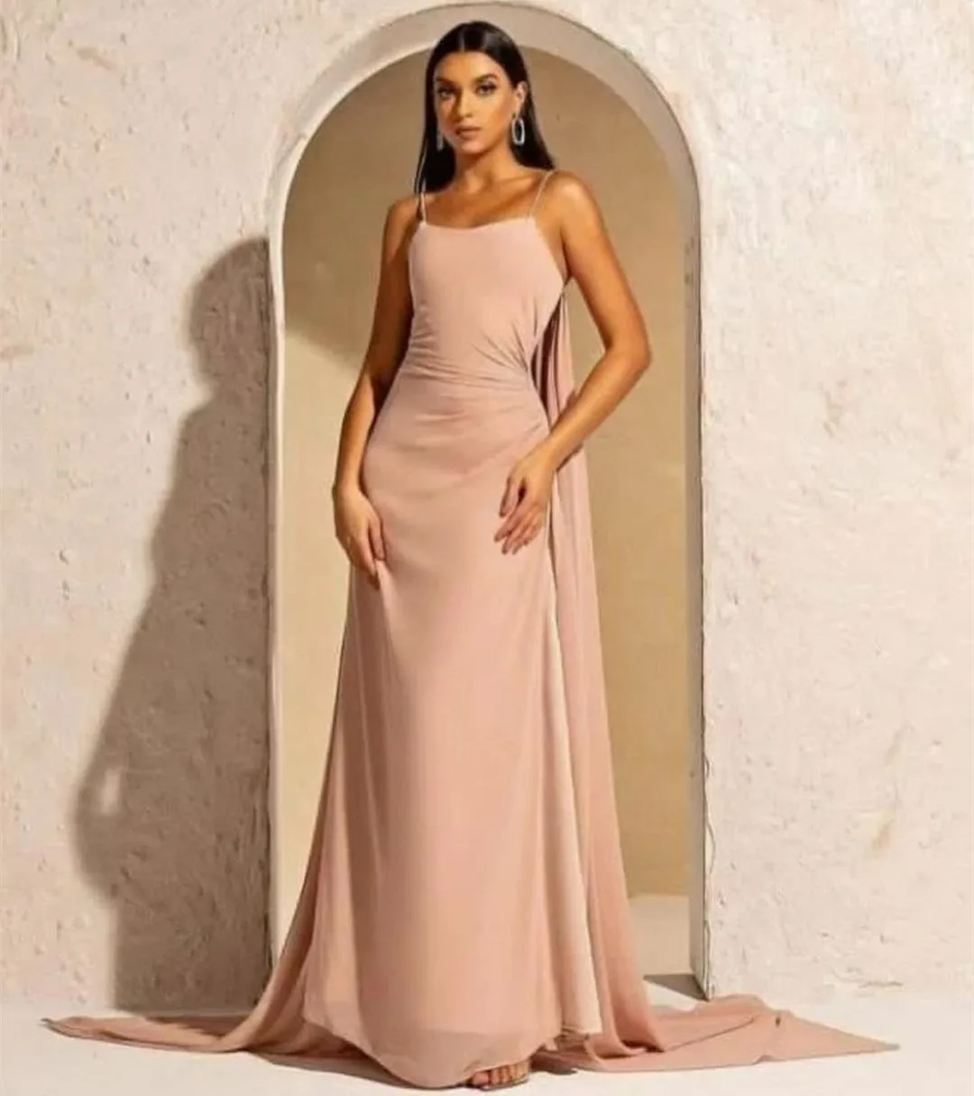 

Vintage Long Chiffon Pink Evening Dresses With Side Train Sheath Spaghetti Straps Prom Dress فساتين السهرة for Women