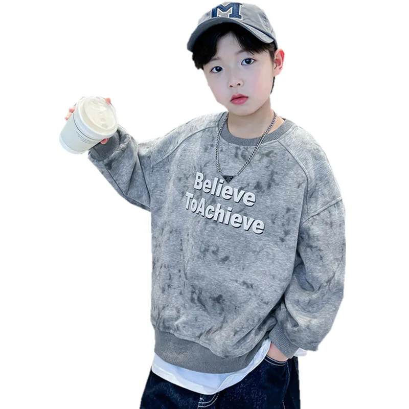 

Fashion Boys Print Grey Sweatshirts Children Long Sleeve Pullover Round Collar Clothes Spring Autumn Fake Two Pieces Sweatshirts