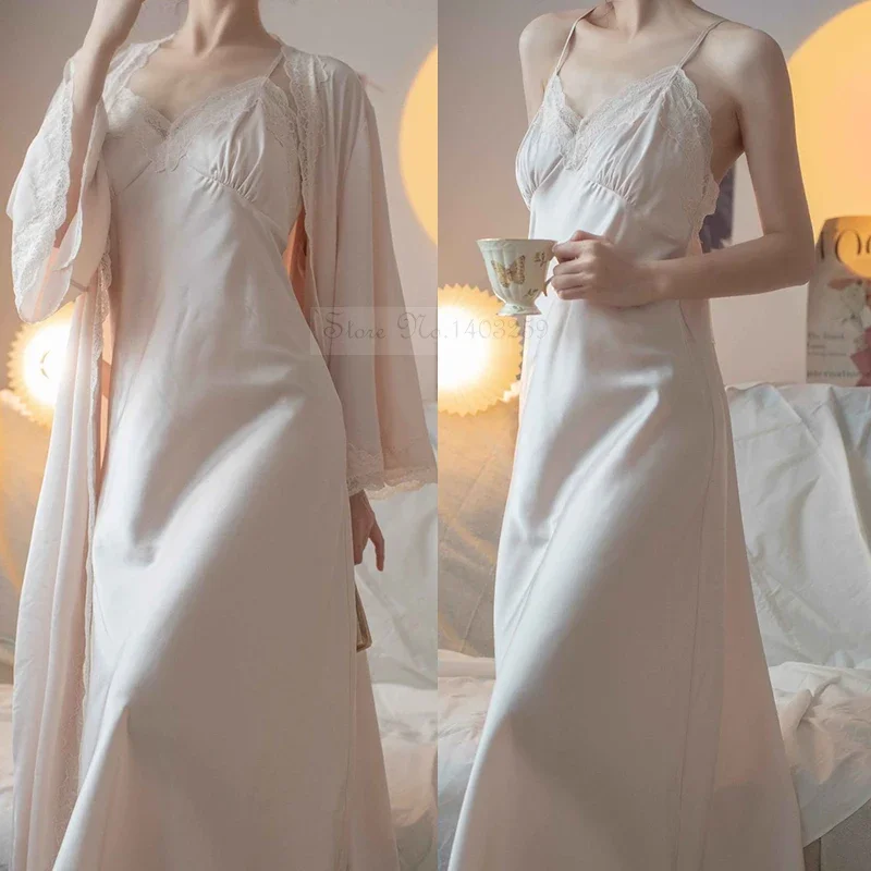Female Long Robe Nightgown Set Sexy Lace Trim Sleepwear Suspender Nightdress Spring Summer Casual Satin Home Dress Bathrobe women sleepwear women dress
