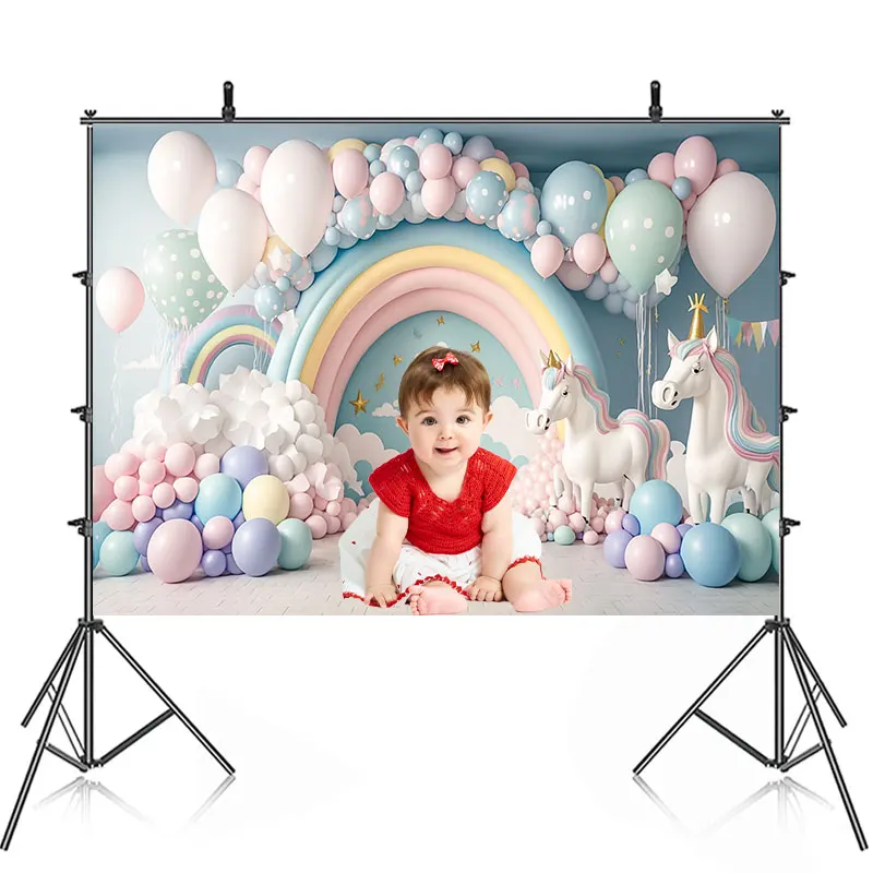 3D Unicorn Birthday Party Backdrop Girl Cake Smash Photography Rainbow Princess Background Balloon Studio Photo Shoots