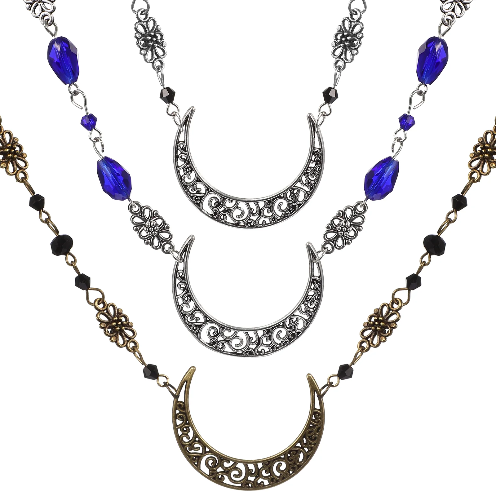 

3 Pcs Bohemian Head Chains Hollow-out Moon Pendant Crystal Beads Decorative Headpieces Hair Accessories for Women and Girls