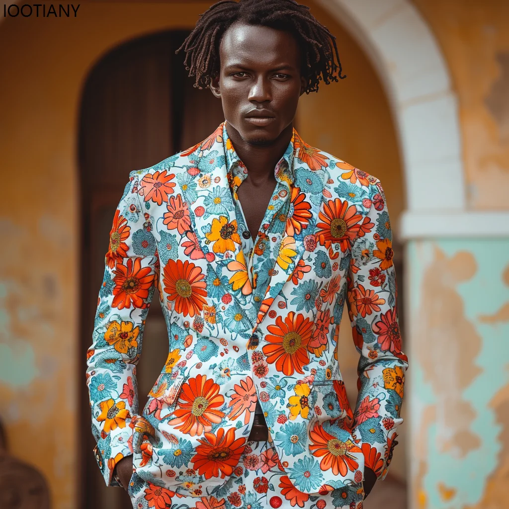 Men Colorful Flower Print Tailored Suit Casual Vintage Sunflower Daisy Floral Blazer Pant Party Dress Shiny Cool Showing Suits