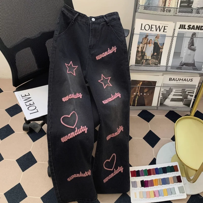 

Trendy Brand Jeans Women American Washed High Waist Jeans Star Heart Embroidery Design Sense Campus Casual Straight Pants