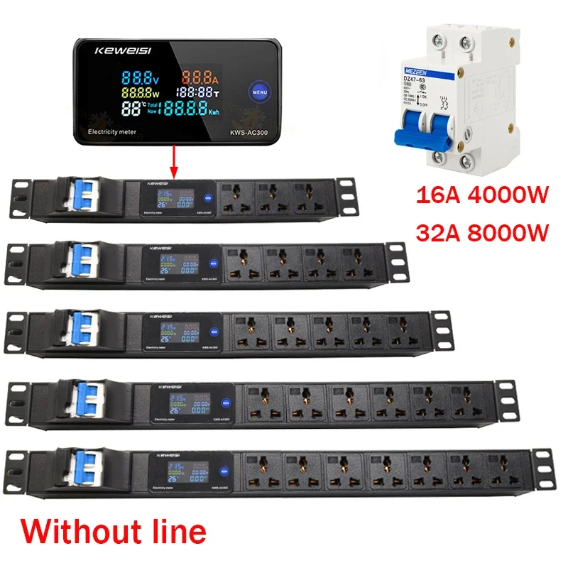 Network Cabinet Smart Power Strip Distribution Unit Without line 4000/8000W 2-10 Ways Socket Intelligent digital display socket