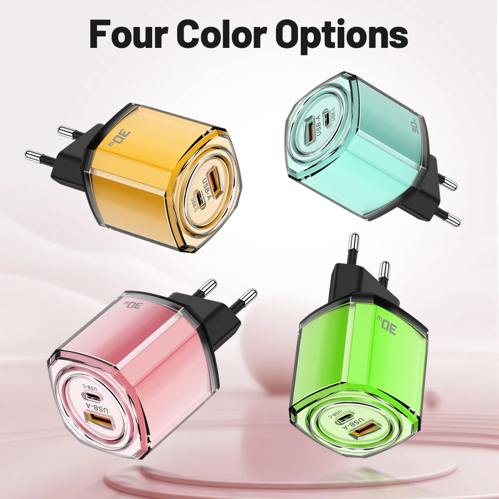 USB PD Charger Transparent Quick Charge3.0 Fast Wall Charging Mobile Phone Adapter For iPhone Cable For Xiaomi Ultra Type C Phon