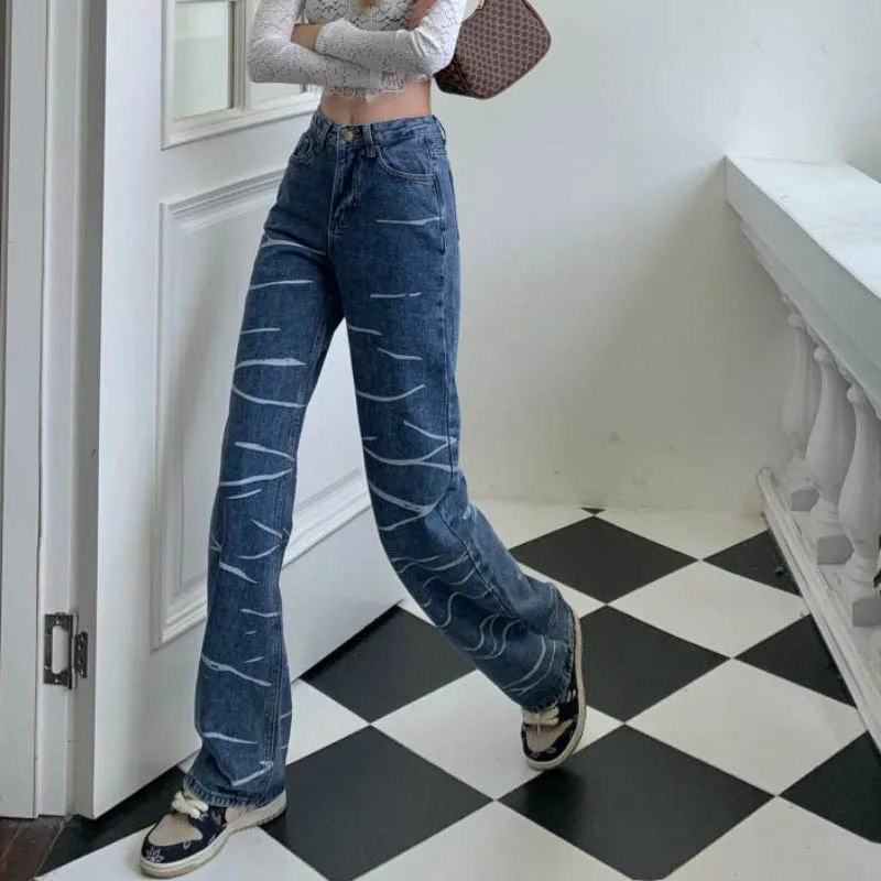 JMPRS Streetwear Women Jeans Loose Vintage Korean Striped Straight Full Denim Pants Blue Casual Summer Pure Cotton Wide Leg Jean bell bottom jeans