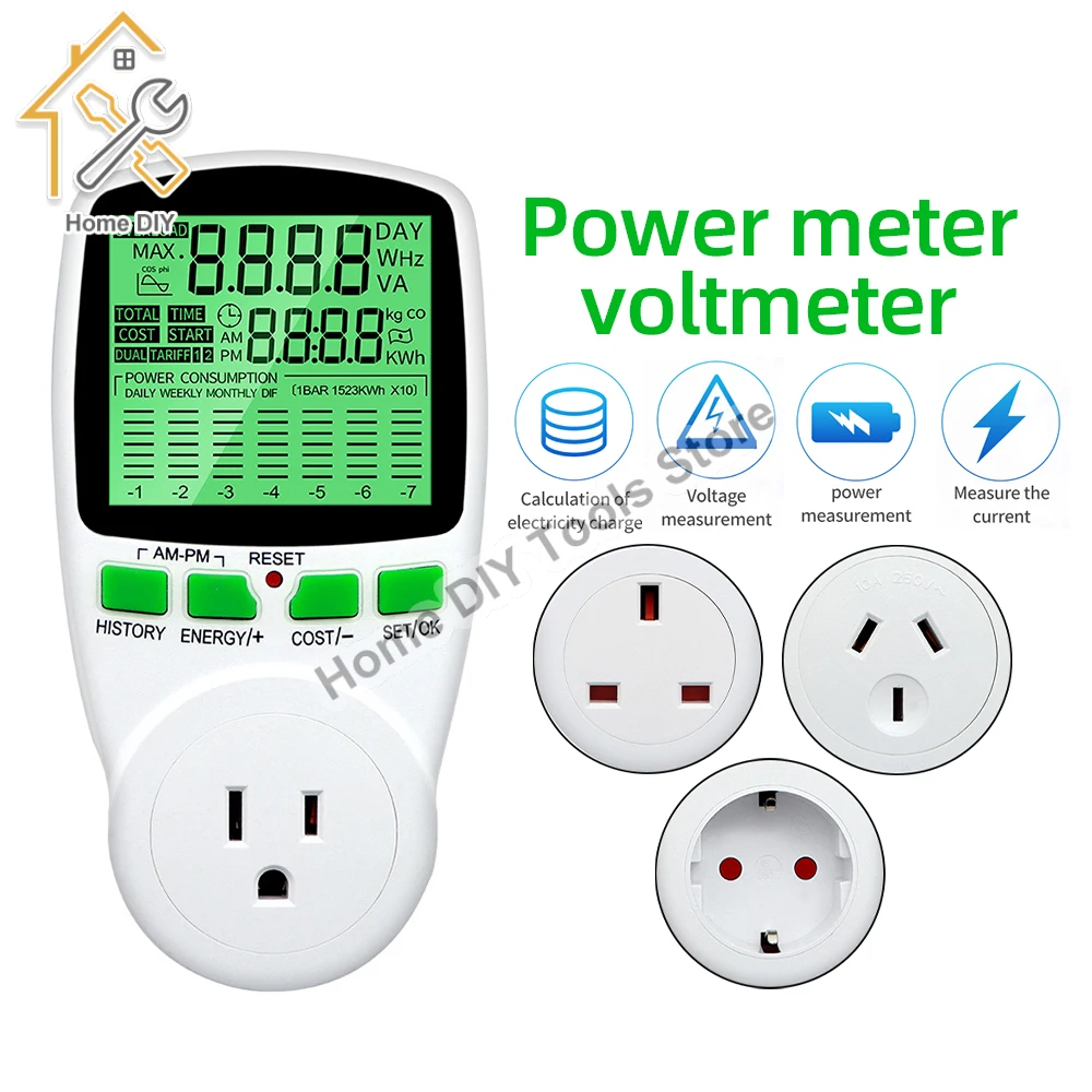 

AC Digital Power Meter Wattmeter Socket Wattage Kwh Electric Consumption Meter EU US UK AU Measuring Outlet LCD Power Analyzer