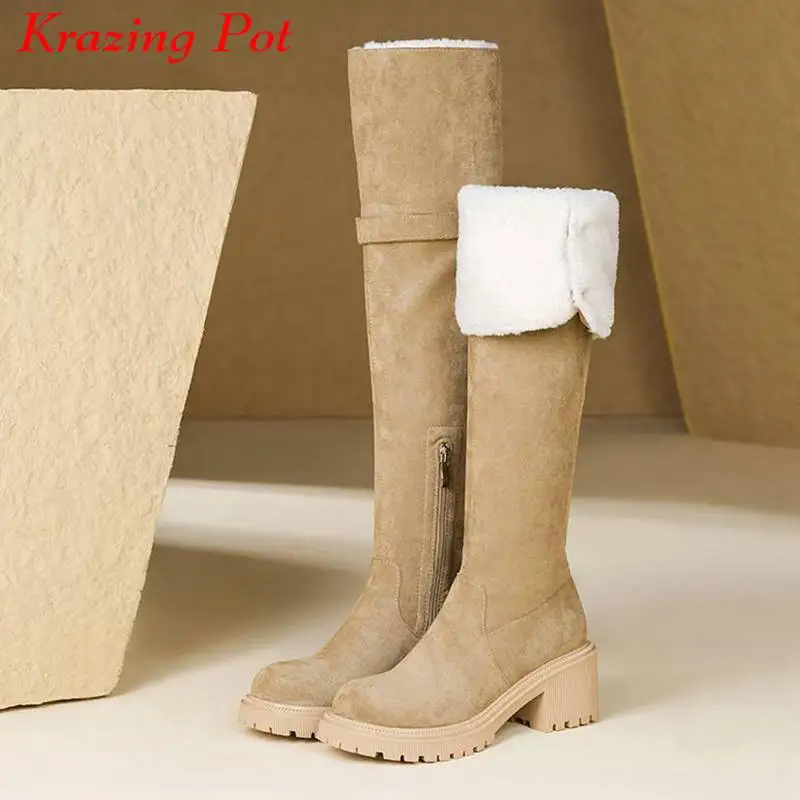 

Krazing Pot Flock Fur Round Toe Winter Keep Warm Snow Boots Metal Buckle Thick High Heels Preppy Style Zip Over-the-knee Boots