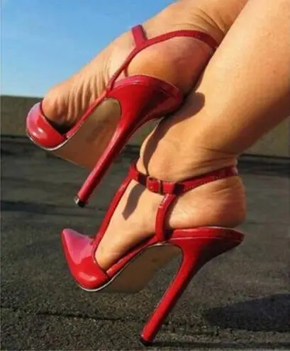 

Sexy Women Red Black Shiny Patent Leather Pointed Toe T Ankle Strap Thin Heels Slingback Summer Sandals Party Hollow Shoes Lady