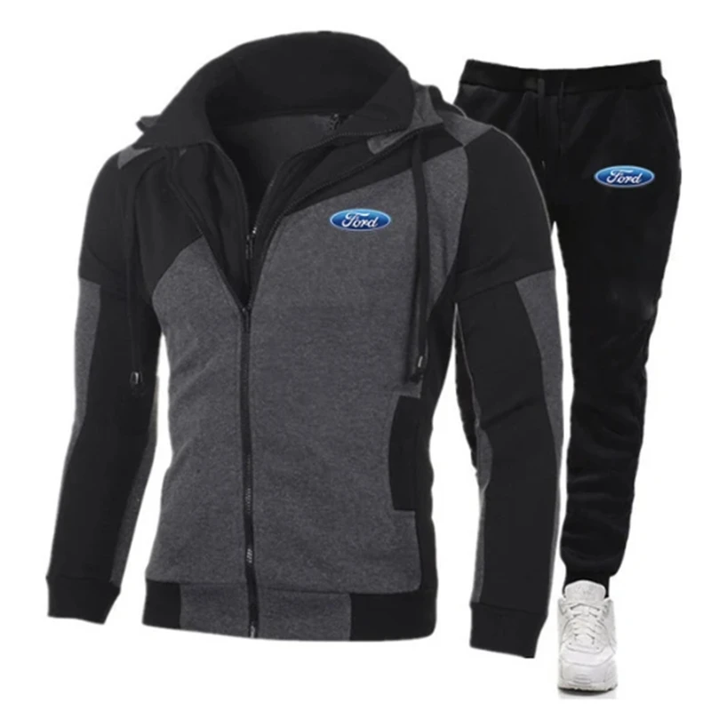 Men Fashion leisure Spring Autumn Matching Ford Logo Hoodie Tracksuit Hooded + Pants pair double Zipper Two-piece Suits 3