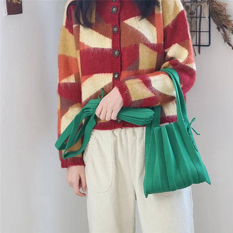 

Wool Knitting Pleated Bags Patchwork Drawstring Shopping Bags Girls Causal Weave Shoulder Bag Korean Japanese Chic Small Handbag