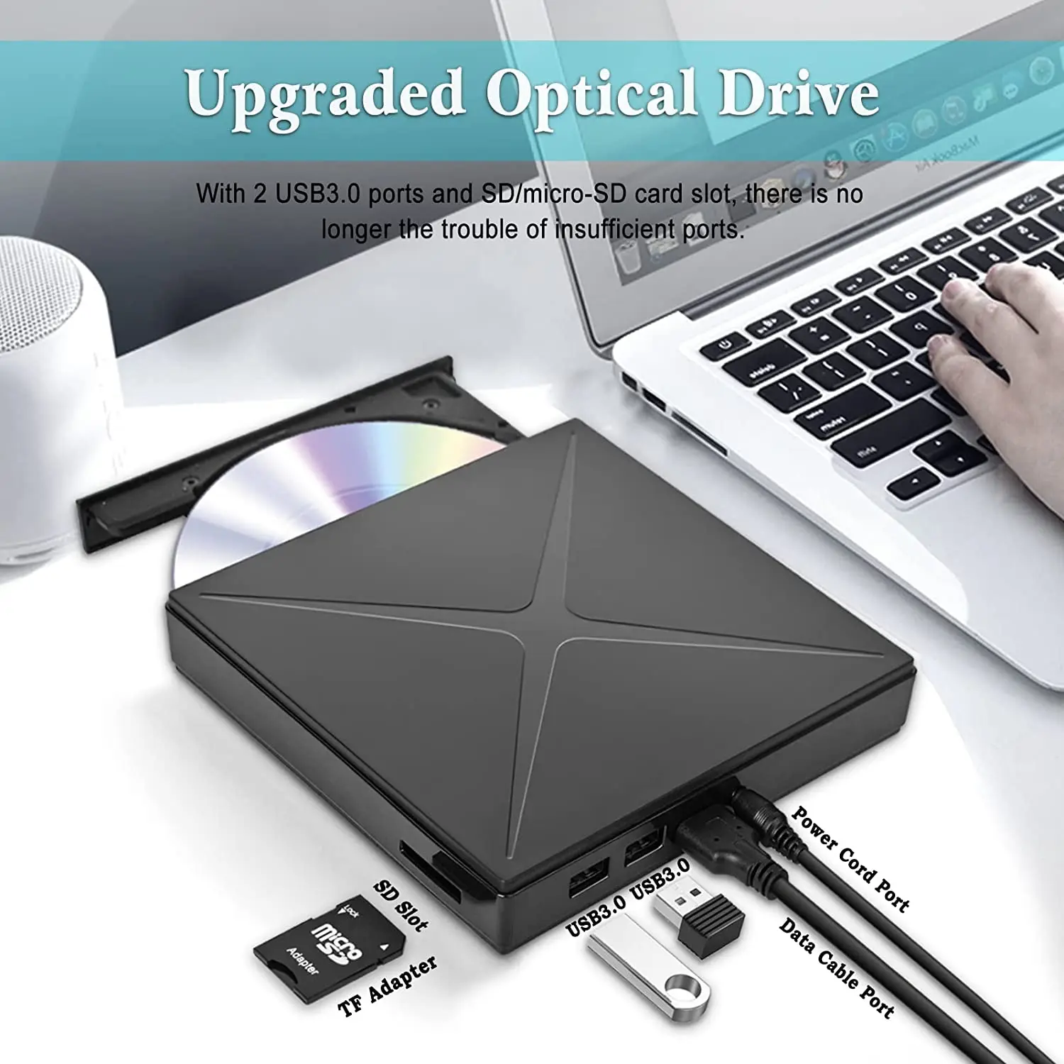 Óptica Externa com Porta Usb cd Portátil Dvd Mais rw Drive Dvd Player para Laptop cd Rom Burner tf e Slots de Cartão sd Usb 3.0 Unidade - Imagem 6