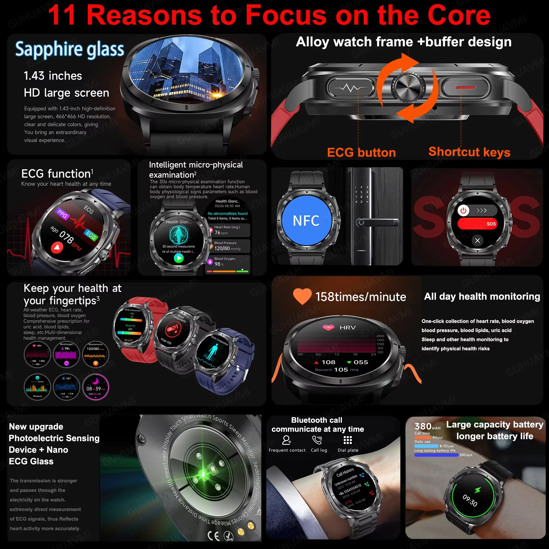 2026 New AI Laser Health Monitor Smart Watch Man ECG+HRV Uric Acid Blood Lipid Blood Pressure Clock NFC HD Bluetooth Call Watch 2