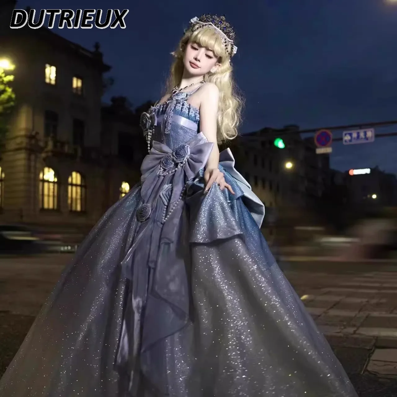 Blue Evening Dress Female New Fairy Temperament Student Bar Mitzvah Art  Exam Lolita High Waist Slim Suspender Princess Dresses - AliExpress  200000345