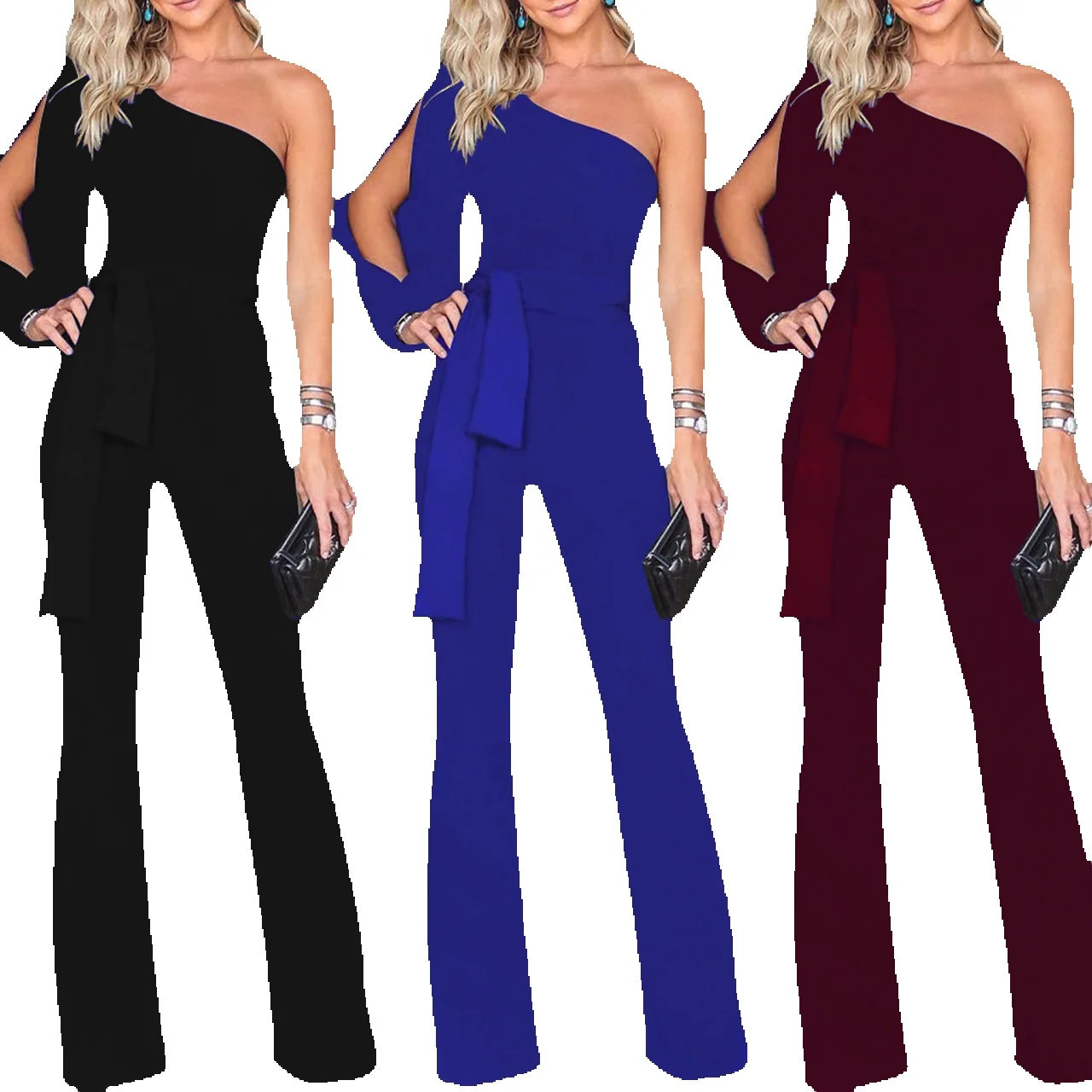 

M804 Boutique Classic Solid Color Agonal Shoulder Split Jumpsuit