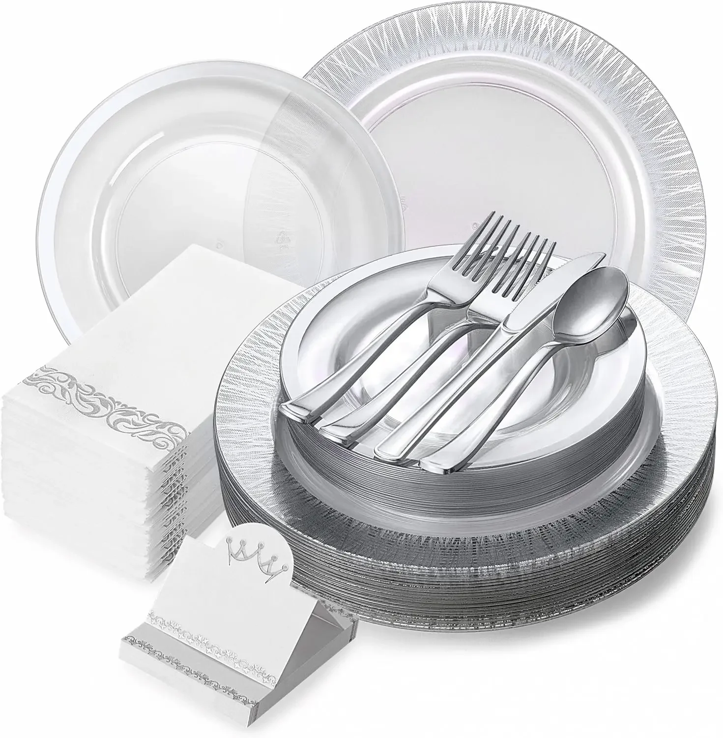 200 Pcs Plastic Dinner Plates-Decorative Disposable Plates-Disposable Wedding Plate, Fork, Spoon, Knife, Napkin
