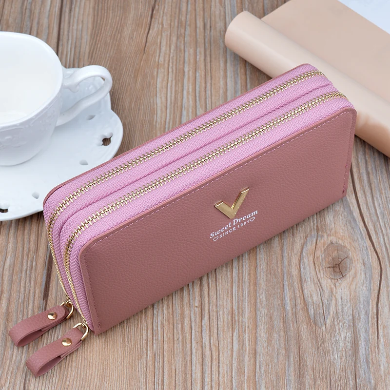 Women Double Zipper Long Wallet Large Capacity Lady Coin Purse Cell Phone Bag Credit Cards Holder Money Clutch Solid PU Leather 4