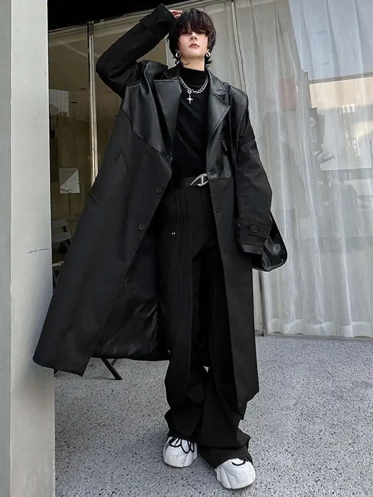 LUZHEN Korean Leather Splicing Long Trench Coat Men's Trendy Loose Knee Length Stylish Outwear Male Autumn Winter LZ5199