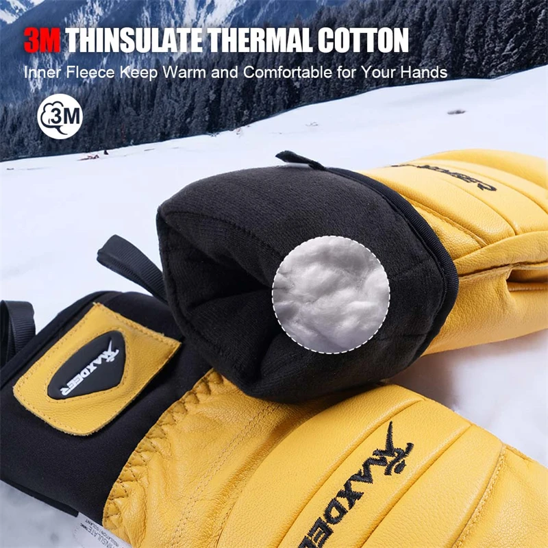 MAXDEER Ski Gloves Leather Snowboard Mittens Men Women Skiing Snowmobile Snow Sports Winter Thermal Gloves Waterproof Windproof 2