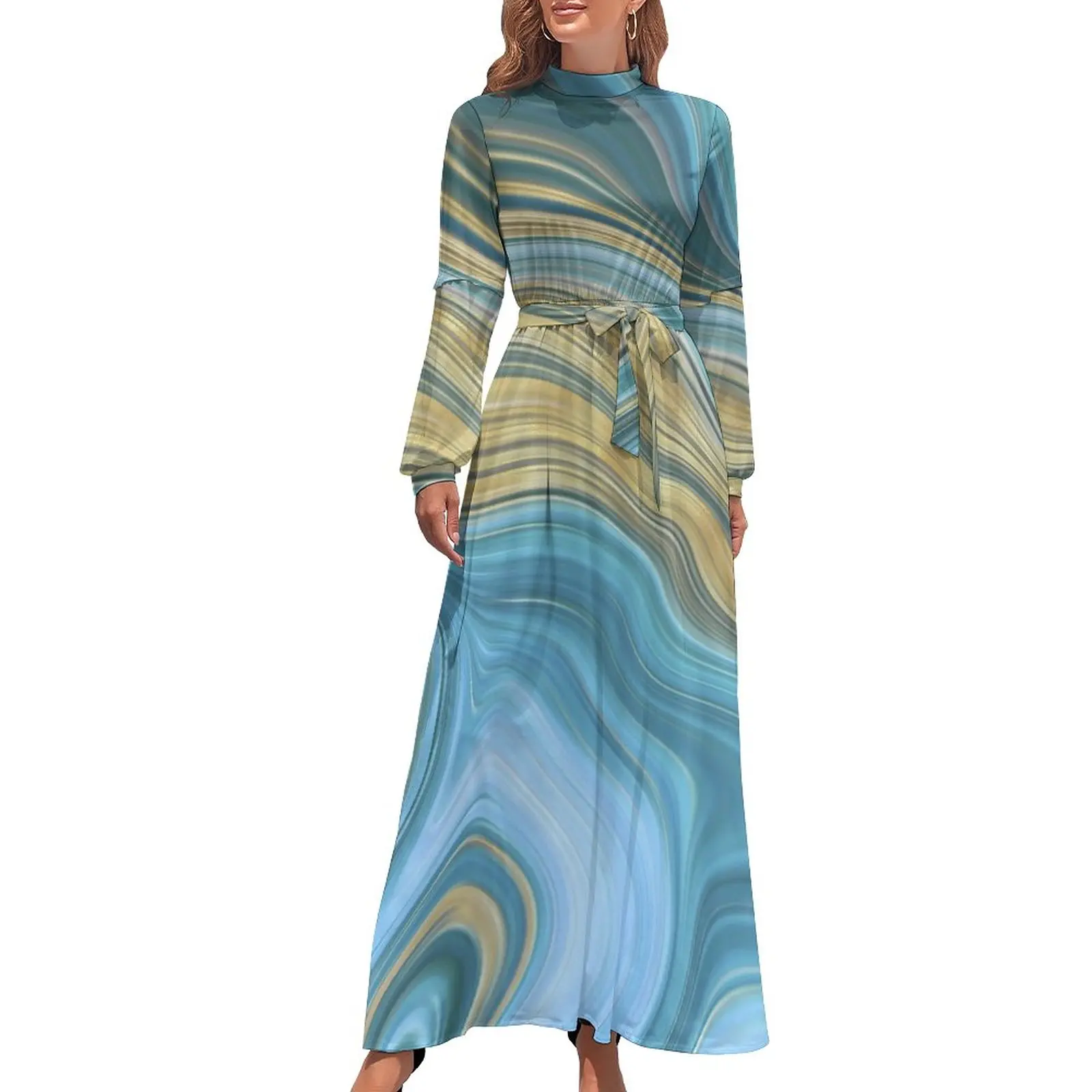 

Marble Print Dress Gold And Blue Korean Fashion Beach Dresses Women Long Sleeve High Waist Sexy Long Maxi Dress