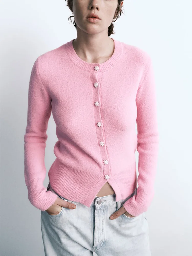 

Winter Clothes Women 2023 Faux Pearl Buttoned Single Breasted Knit Sweater Cardigan Crew Neck Long Sleeve Fitted Casual Cardigan