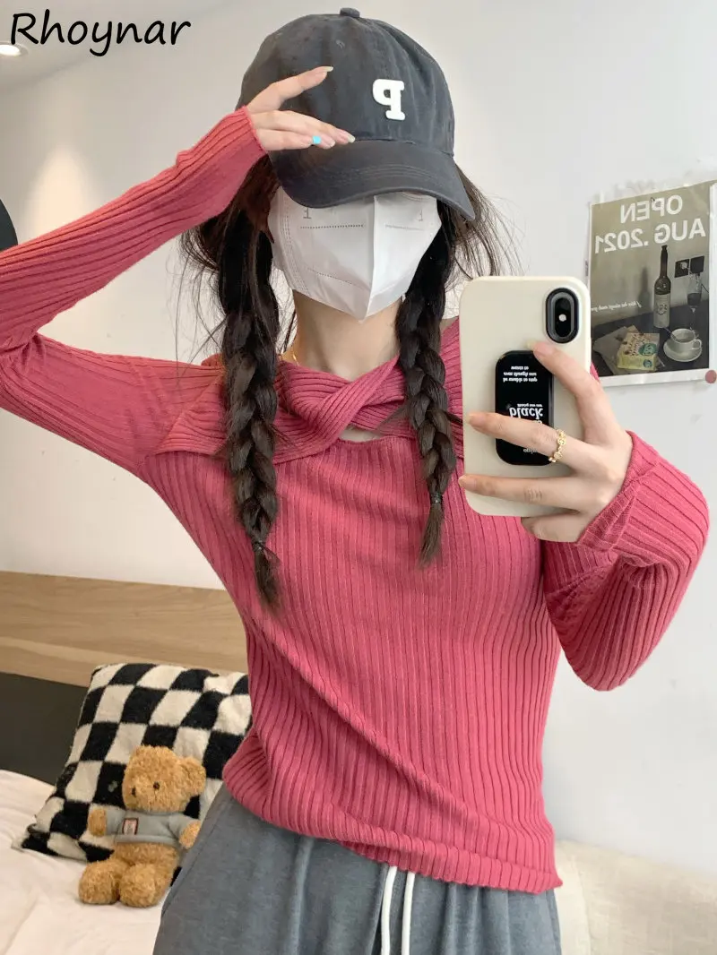 

Pullovers Women Inside Criss-cross Design Harajuku Elegant Solid Aesthetic Knitted Casual Autumn Basic Student Sweaters Mujer