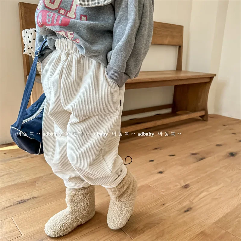 2024 Winter New Baby Girl Boy Warm Loose Trousers Plus Velvet Thick Children's Corduroy Wide Leg Pants Kids Casual Pants