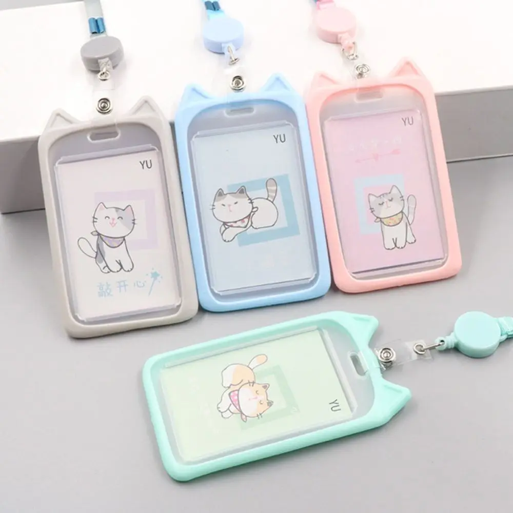 1PC Cute Cartoon Cat Card Holder Bank Identity Bus ID Card Sleeve Case With Retractable Reel Lanyard Credit Cover Case Kids Gift card holder credit card holder