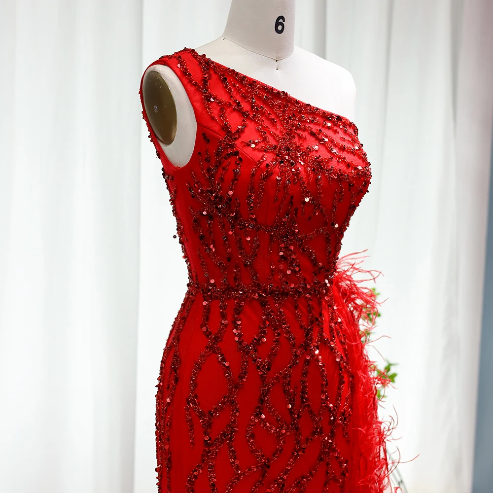 Sharon Said Made Feather One Shoulder Wine Red Mermaid Prom Evening Dresses for Women Wedding Party Gowns with Slit SS354