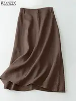 ZANZEA  Elegant Cotton Midi Skirts Casual Button Up A-line Skirt Women High Waist Jupe 2024 Summer Solid Temperament Falda Mujer - Image 4