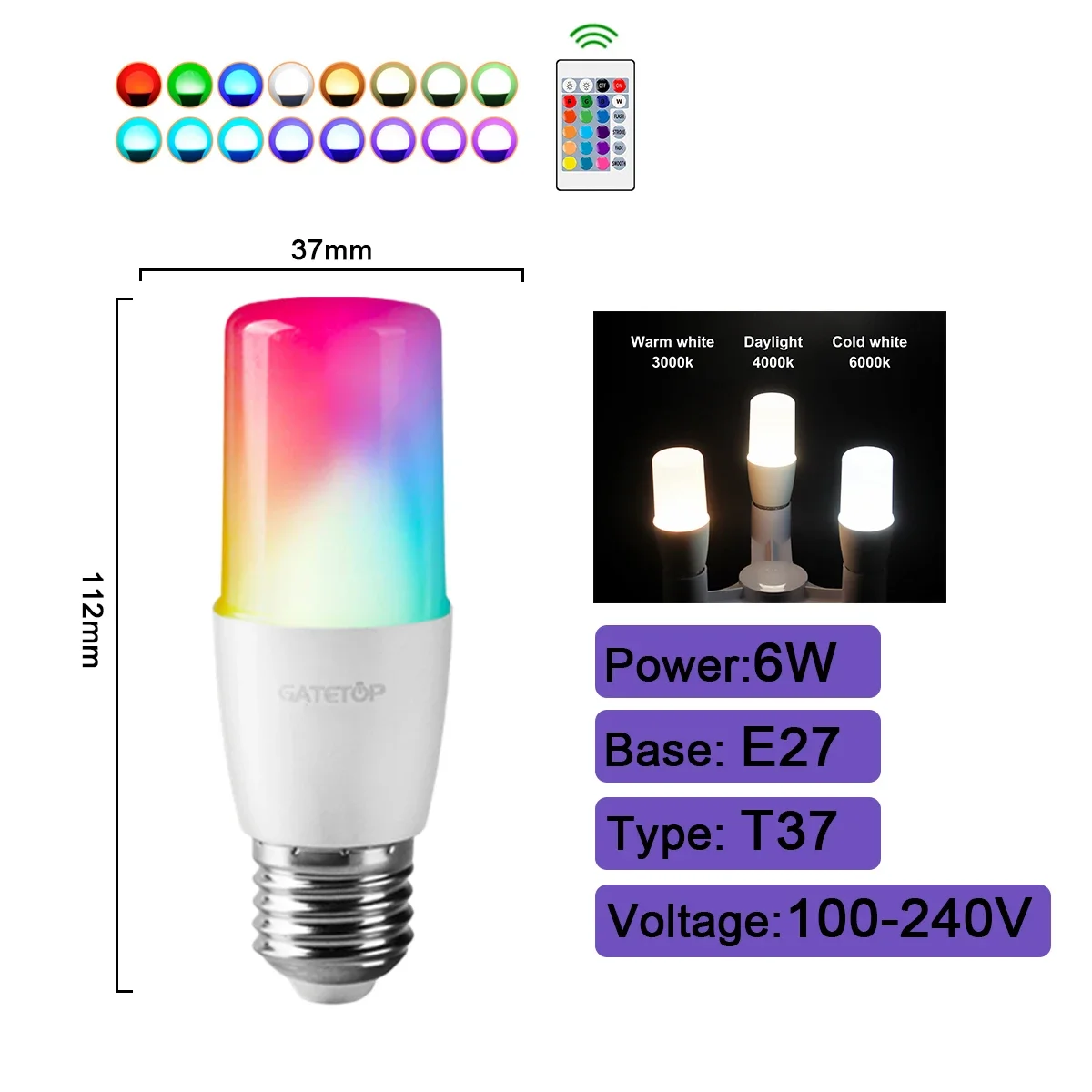 ตัวเลือกสินค้า หลอดไฟ RGBW สปอตไลท์ ปรับสีได้ พร้อมรีโมท E27 E14 B22 GU10