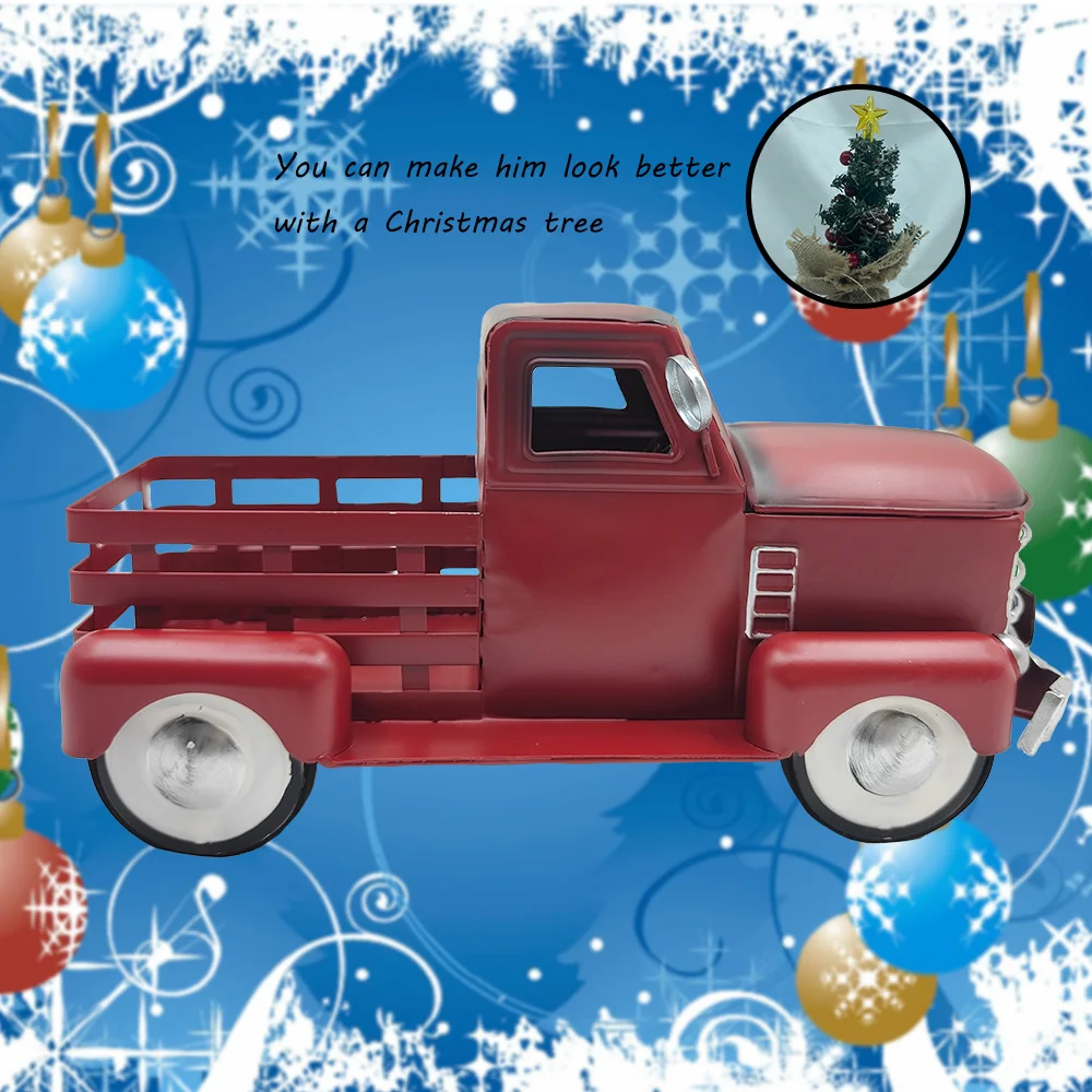 Vintage red truck farm crafts decorated mini tree, rustic Christmas decor iron metal pickup model with Christmas tree with light