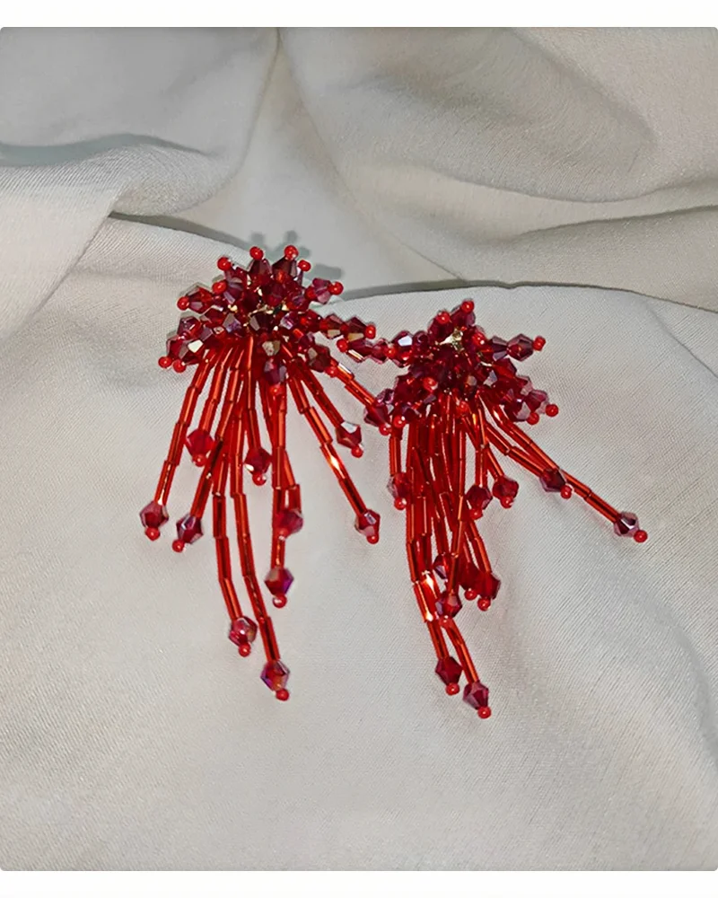 2025, handgefertigte baumelnde Ohrringe mit Kristallquasten | Barockes Perlen-Feuerwerk-Blumendesign | Eleganter Statement-Schmuck für Damen – Detail 20